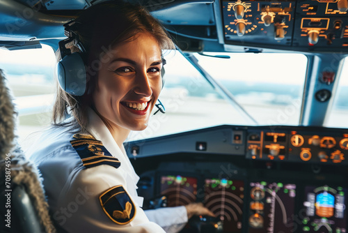 Portrait of a smiling female pilot in a cockpit of a passenger plane. AI generative