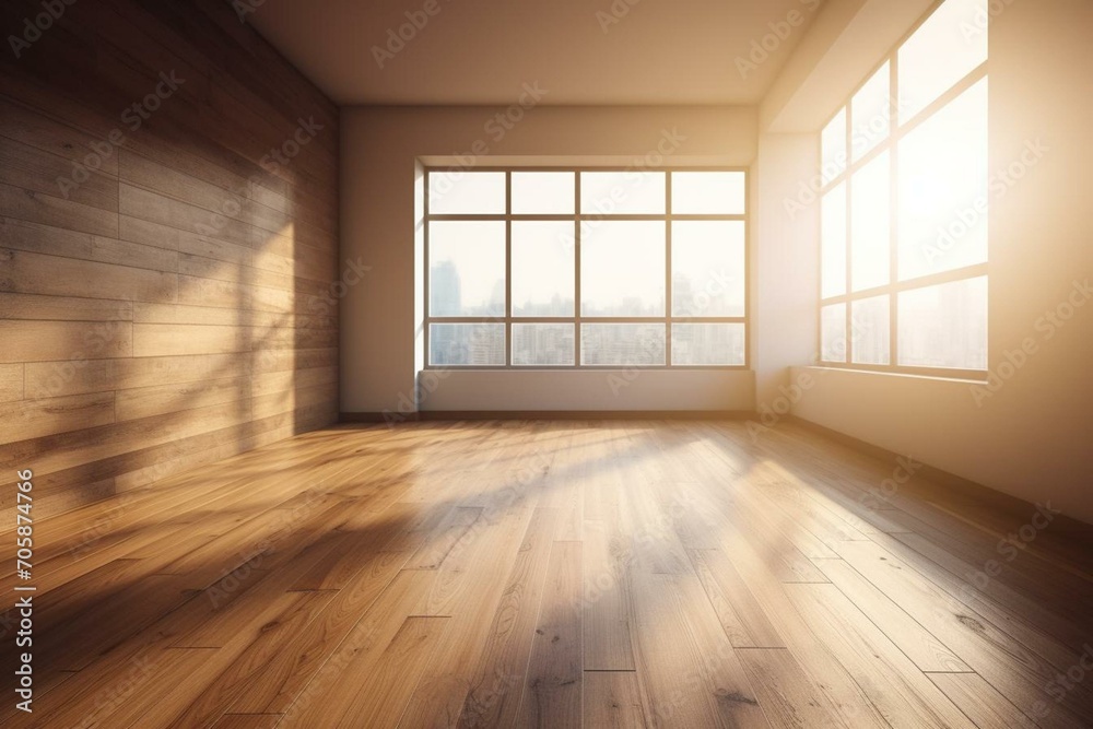 Fototapeta premium Sunlit interior with hardwood floor and wall. Generative AI