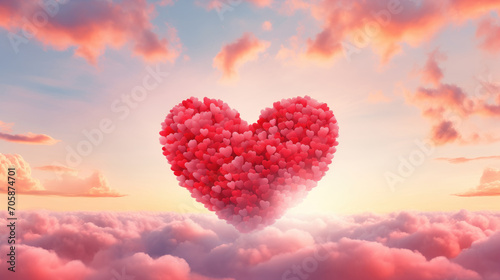 Red heart shaped cloud background with sunlight. Valentine's day concept.