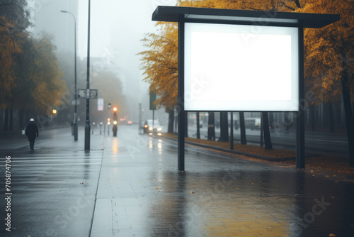blank billboard mockup looms over a foggy city street lined with golden autumn leaves, a quiet observer of the urban morning bustle