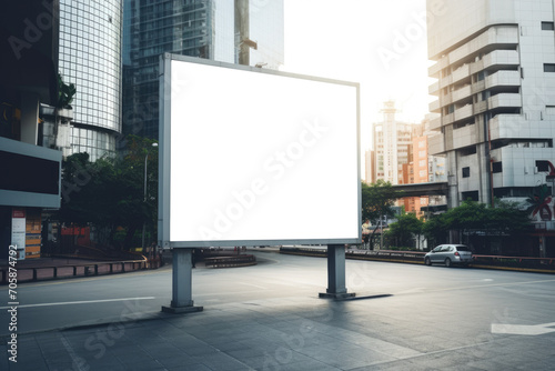imposing empty billboard stands as a silent sentinel amidst the bustling cityscape, ready to broadcast a visionary message