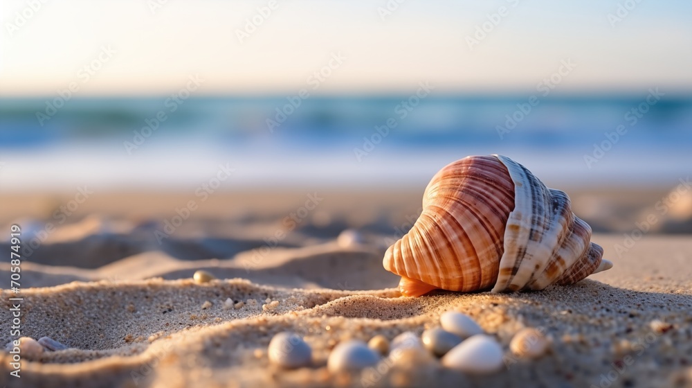 A close-up of a seashell on the sand on the beach in the back-light of sunset, background, generative ai - obrazy, fototapety, plakaty 