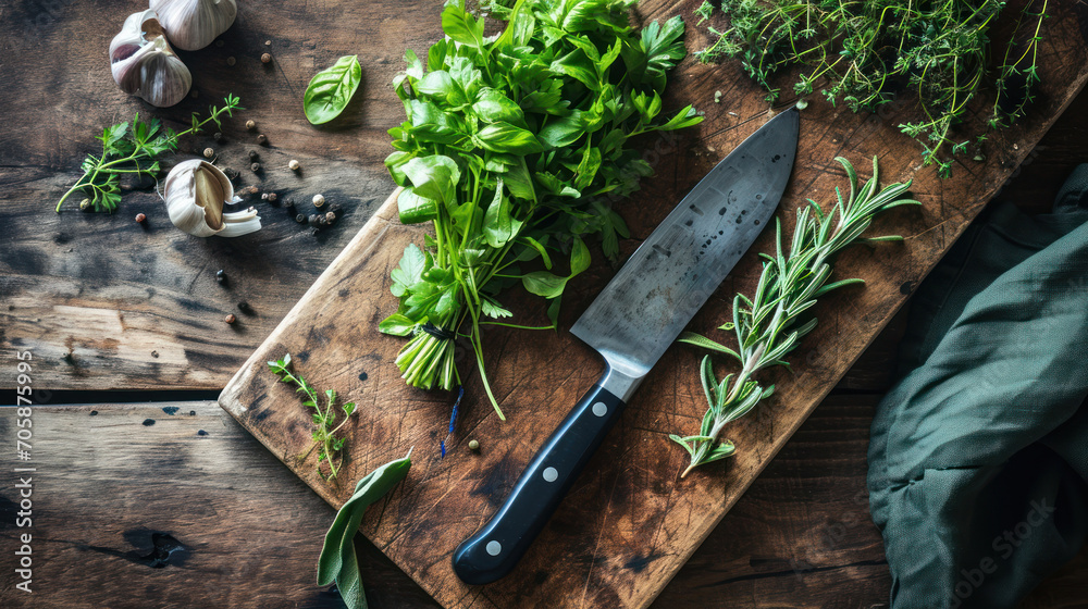 Chef's knife and fresh herbs lie on wooden chopping board. - obrazy, fototapety, plakaty 