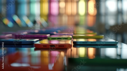 Multicolored smartphones lined up on a reflective surface showcasing modern technology.