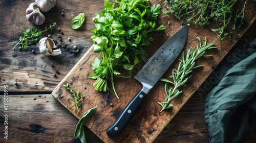 Chef's knife and fresh herbs lie on wooden chopping board. photo