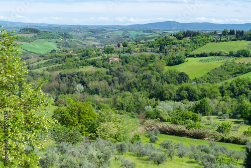 Panoramic beautiful rural landscape of Toscana. Green fields and meadows  countryside in Italy