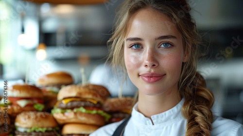 a woman standing in front of a pile of hamburgers