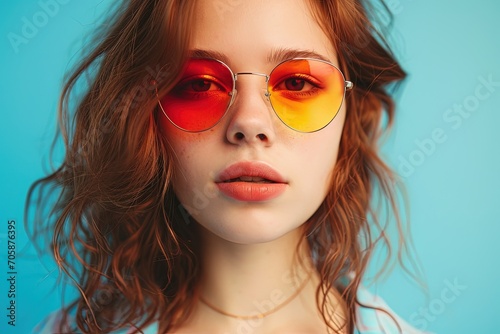 Beautiful young woman in red and yellow sunglasses.