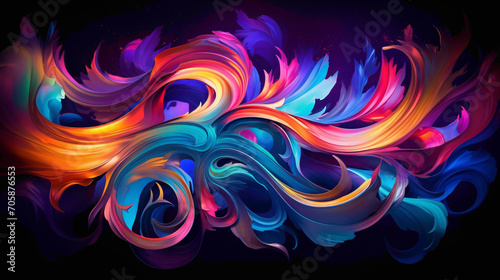 A vibrant mix of swirling neon lights against a deep blue background. © HASHMAT