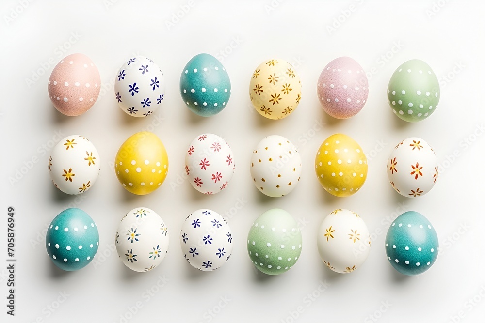 Fototapeta premium multi-colored Easter eggs, hand-painted on the ivory pastel background, top view