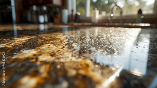Morning light reflects on the polished surface of a luxurious granite kitchen counter.