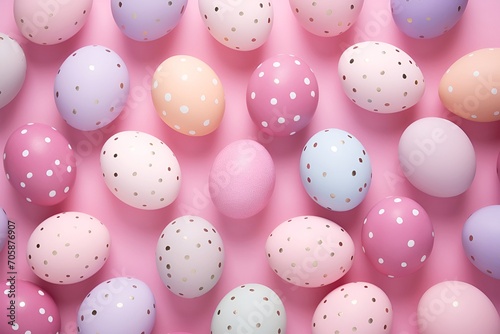 multi-colored Easter eggs, hand-painted, on a light pink background, top view