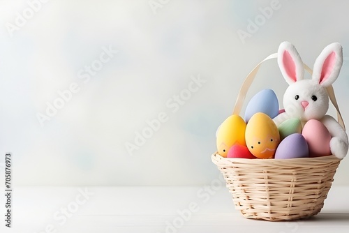 Plush bunny with Easter eggs in a basket. Copy space. 