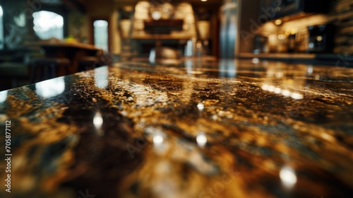 Pristine granite countertop gleams under ambient kitchen lighting.