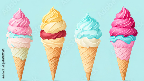 Ice cream scoop on waffle cone. Set of tasty ice-cream with assorted flavors