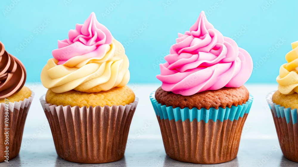Cupcakes on blue background. Row of delicious cupcakes with cream and sugar