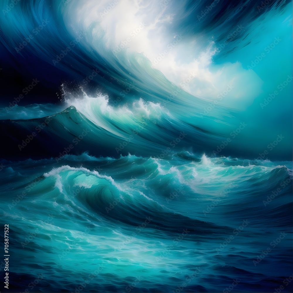 Dynamic Seascape Emotion: Vibrant Ocean Abstract Painting with Intense Colors, Waves, and Clouds – Awe-Inspiring Nature Art for Download