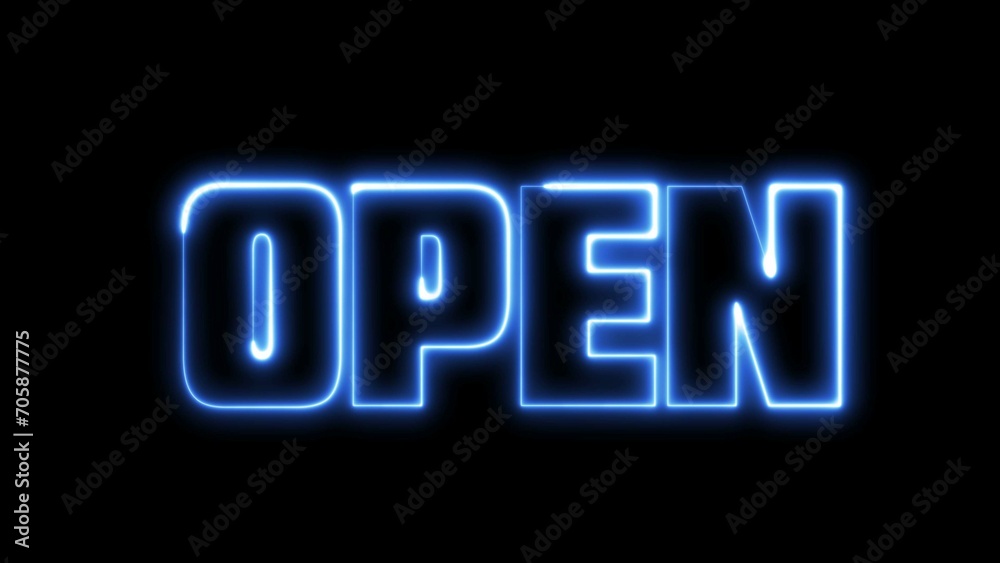 Open text. Neon blue electric effect on letters. Online shop, blog, web, cafe, hotel. Open neon sign. Open text. Neon blue electric effect on letters. Online shop, blog, web, cafe, hotel. Open neon sign.