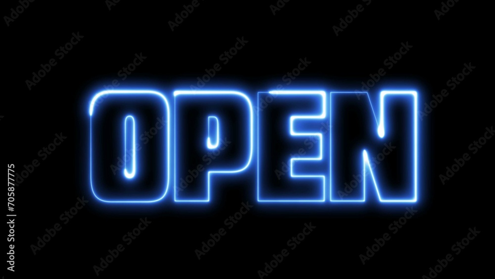 Open text. Neon blue electric effect on letters. Online shop, blog, web, cafe, hotel. Open neon sign.