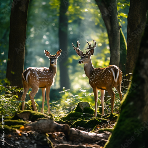 Enchanting nature: Ultra-realistic deer in lush forest, serene and sun-dappled.  photo