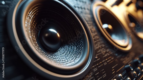 High-fidelity speaker emits sound waves in studio. photo