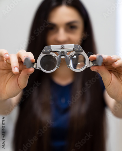 Optical eyesight correction glasses. Diagnostic lens specialist. photo