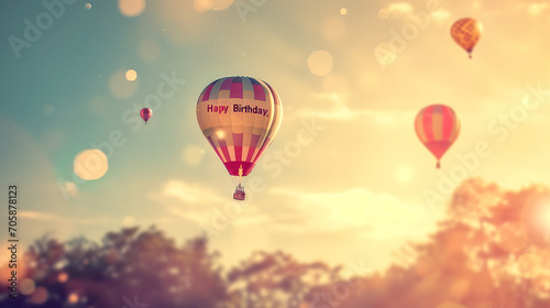 Hot Air Balloon Adventure: Whimsical hot air balloons soaring in the sky, symbolizing adventure and excitement for the birthday person for "Happy Birthday," greeting card, blurred