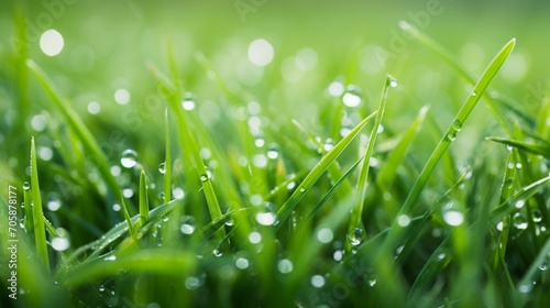 A close-up shot of grass covered with dew