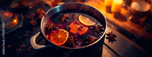 Saucepan with hot mulled wine on table.Generative AI
