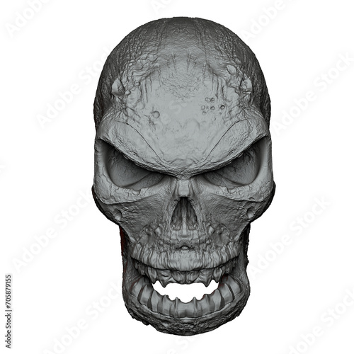 3D rendering of a highly detailed fantasy demon skull on a white background
