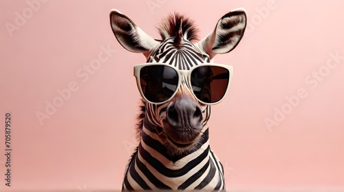 Zebra wearing sunglasses on pink background