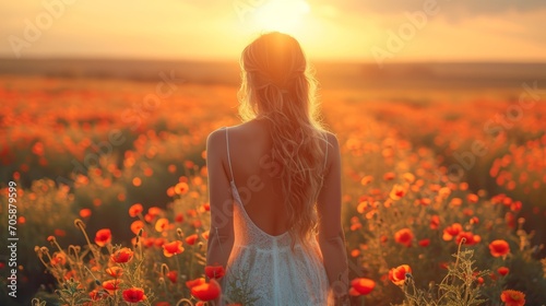 Frau mit weißem Kleid läuft durch ein Blumenfeld im Sonnenuntergang, Modell im Blumenfeld photo