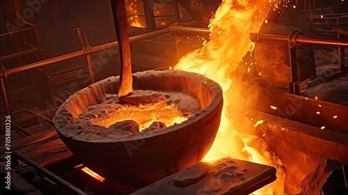 Blast furnace slag and pig iron tapping. Molten metal and slag are poured into a ladle photo