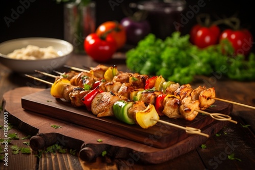 Shashlik or shish kebab prepared on barbecue grill over hot charcoal with grilled vegetables