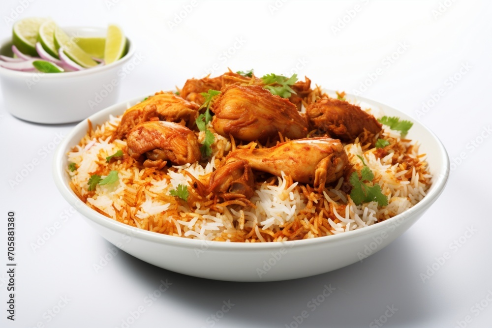 Delicious spicy chicken biryani in white bowl on white background, Indian or Pakistani ramzan food Delicious spicy chicken biryani in white bowl on white background, Indian or Pakistani ramzan food