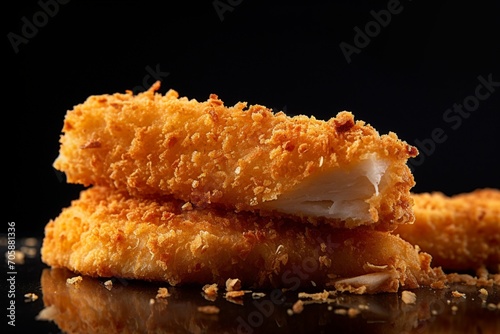 Delicious crispy chicken fillet in bread crumbs  close-up  isolated on grey background