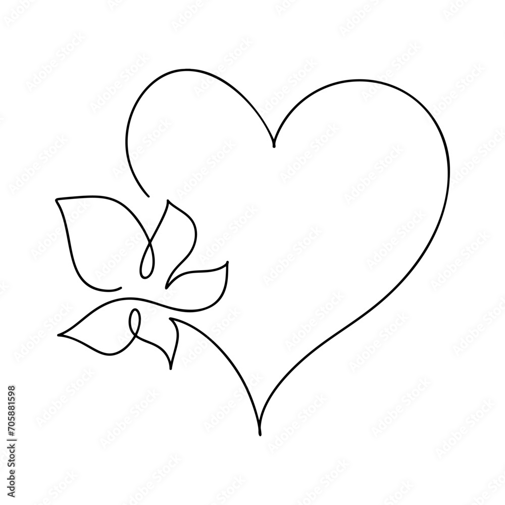 Hand drawn love heart with flower monoline vector logo one art line illustration. Black outline. Element for Valentine Day banner, spring poster, greeting card