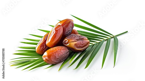 Dates fruit with palm leaf on white background. Ramadan banner islamic design. Suhoor or Iftar meal 