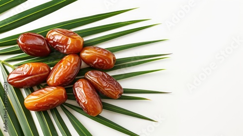 Dates fruit with palm leaf on white background. Ramadan banner islamic design. Suhoor or Iftar meal 