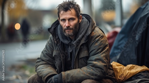 homeless man sitting on the street