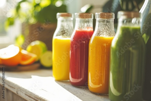 bottles of freshly squeezed smoothies close-up on a white tabletop