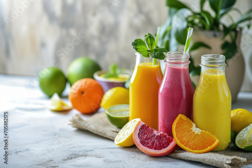 bottles of freshly squeezed smoothie close-up on a white tabletop with slices of orange, grapefruit photo