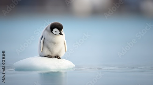 Penguin drifts on an ice floe. Bird in natural habitat. Cold landscape of the Antarctic. Natural backdrop. Illustration for cover, card, postcard, interior design, poster, brochure or presentation.