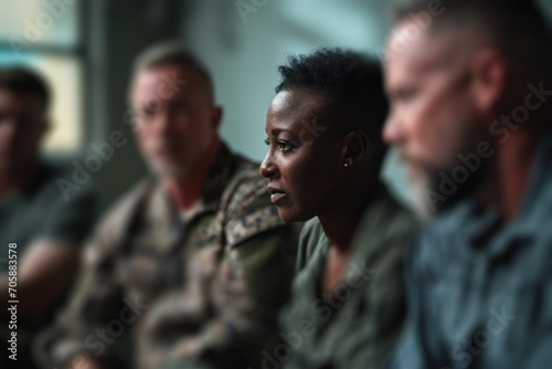 Focused Female Soldier Amongst Her Peers.