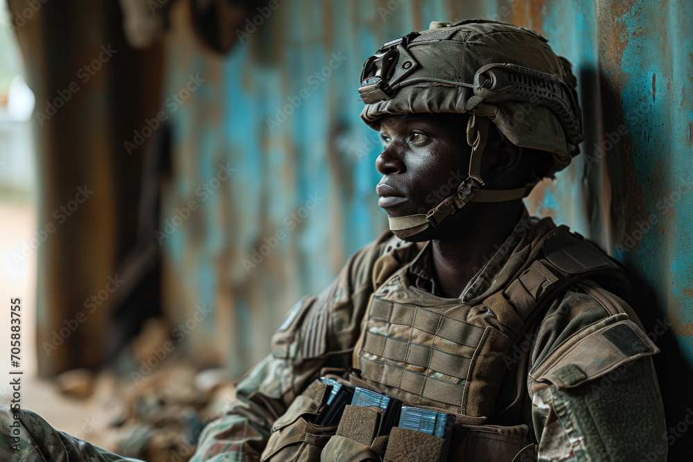 Pensive Soldier Sitting in Barracks Corridor.