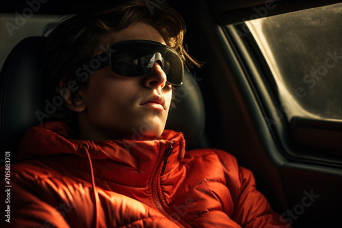 Teenager Relaxing in Car with Sunlight. © Fukume