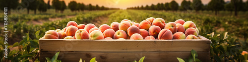 Organic peaches in a wooden box on the field.Generative AI photo