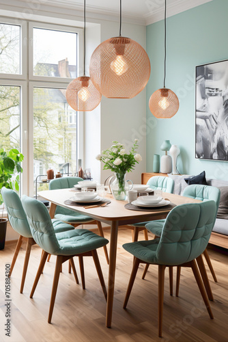 Visualize the charm of a modern Scandinavian dining room where turquoise chairs adorn a wooden round dining table.