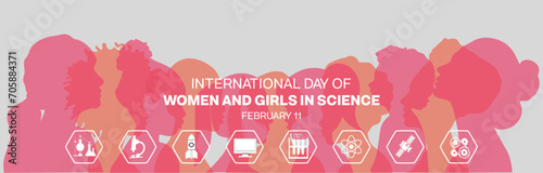 International Day of Women and Girls in Science design. It features silhouette of women with several science element icon. Vector illustration