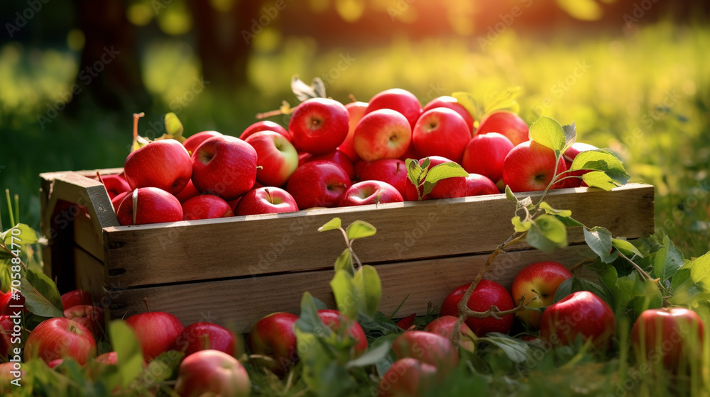 Organic apples in a wooden box on the field.Generative AI Organic apples in a wooden box on the field.Generative AI